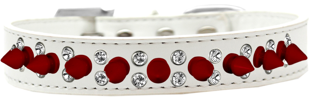Double Crystal and Red Spikes Dog Collar White Size 12